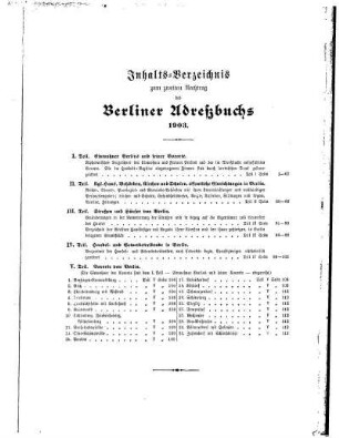 Inhalts= Verzeichniß zum zweiten Nachtrag des Berliner Adreßbuchs 1903
