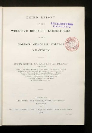 Third report of the Wellcome Tropical Research Laboratories at the Gordon Memorial College Khartoum