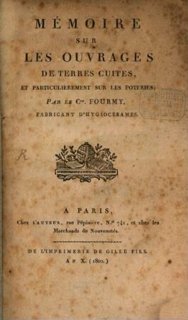 Mémoire sur les ouvrages de terres cuites et particulièrement sur les poteries