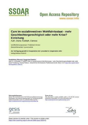 Care im sozialinvestiven Wohlfahrtsstaat - mehr Geschlechtergerechtigkeit oder mehr Krise? Einleitung