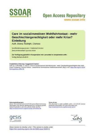 Care im sozialinvestiven Wohlfahrtsstaat - mehr Geschlechtergerechtigkeit oder mehr Krise? Einleitung