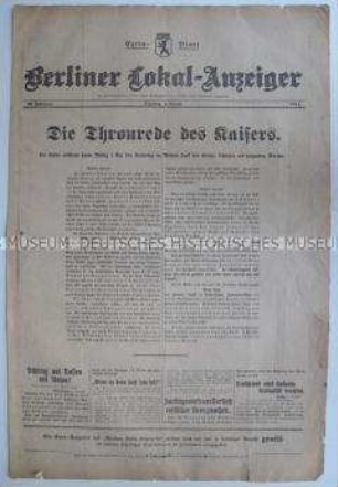 Extra-Blatt des "Berliner Lokal-Anzeiger" zu Rede des Kaisers anlässlich des Beginns des 1. Weltkrieges