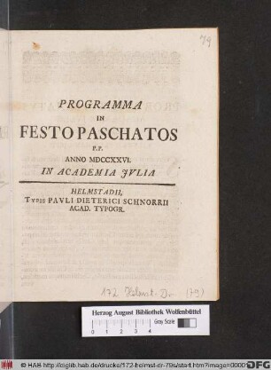 Programma In Festo Paschatos P. P. Anno MDCCXXVI. In Academia Jvlia