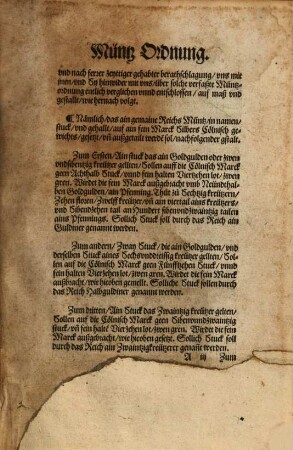 Kaiser Karl des fünfften Newe Müntzordnung, Sampt Valuierung der Gulden vnd Silberin Müntzen, Vnd darauff eruolgtem Kaiserlichen Edict, zu Augspurg : alles im Jar M.D.LI. aufgericht und außgangen