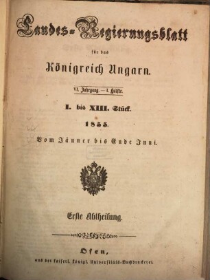 Landesregierungsblatt für das Königreich Ungarn = Magyarországot illető Országos Kormánylap. 6, 6. 1855