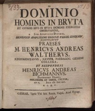 De Dominio Hominis In Bruta Et Officiis Eius In Huius Dominii Exercitio Observandis