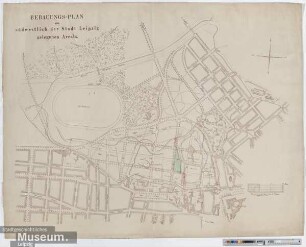 Bebauungs-Plan des südwestlich der Stadt Leipzig gelegenen Areals.