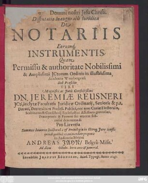 Disputatio Inauguralis Iuridica De Notariis Eorumq[ue] Instrumentis