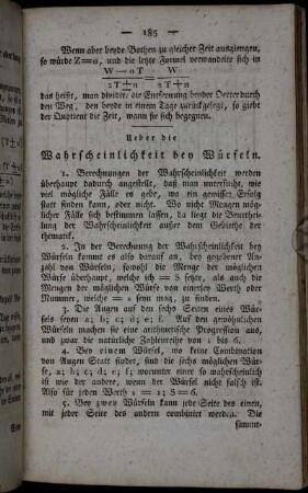 Ueber die Wahrscheinlichkeit bey Würfeln.