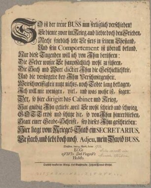 Nachruf auf David Busse, gefallener Soldat 1722