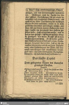 Das fünffte Capitel Von Dem geseegneten Nutzen des Kampfes gläubiger Christen