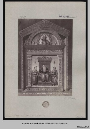 Der Heilige Antonius Abbas thronend zwischen den Heiligen Paulus von Theben und Marcellus, darüber Christus im Segensgestus