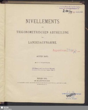 8.1894: Nivellements der Trigonometrischen Abtheilung der Landesaufnahme