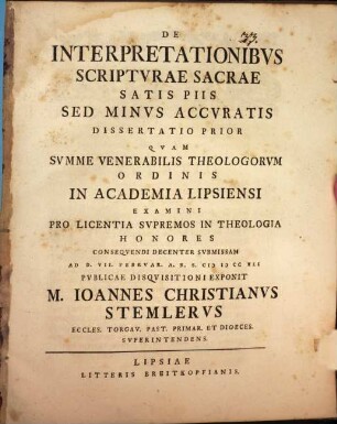 De Interpretationibvs Scriptvrae Sacrae : Satis Piis Sed Minvs Accvratis Dissertatio .... 1