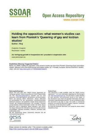 Holding the opposition: what women's studies can learn from Piontek's 'Queering of gay and lesbian studies'