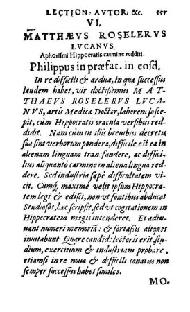 VI. Matthævs Roselervs Lvcanvs. Aphorismi Hippocratis carmine redditi.
