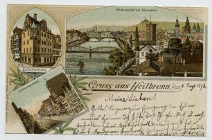 Mehrbildkarte, 3 Motive: Neckaransicht mit Götzenturm, Käthchenhaus, Kirchbrunnenstraße