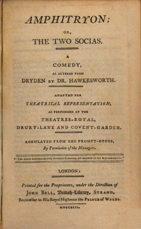 Amphitryon; Or, The Two Socias : a comedy, adapted for Theatrical Representation as performed at the Theatres-Royal, Drury Lane and Covent Garden