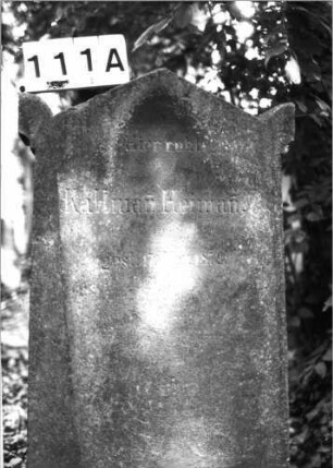 Grabstein 111 (Index: 100085520) Maße HxBxT: 112x54x12 cm Beschreibung: Stele, giebelartiger Abschluß mit Eckakroteren: Grabstein 111A (Nachholaufnahme)