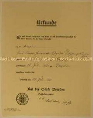 Bescheinigung über die Feuerbestattung für Anna Henriette Auguste Degen; Dresden, 29. Juli 1921