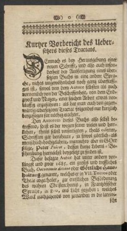 Kurtzer Vorbericht des Uebersetzers dieses Tractats.