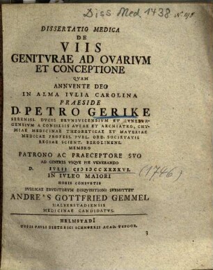 Dissertatio Medica De Viis Genitvrae Ad Ovarium Et Conceptione