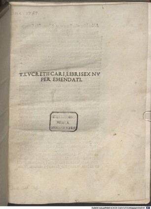 De rerum natura : mit Widmungsbrief an Albertus Pius von Aldus Manutius. Mit Privileg
