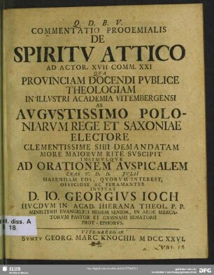 Commentatio Prooemialis De Spiritu Attico : Ad Actor. XVII Comm. XXI