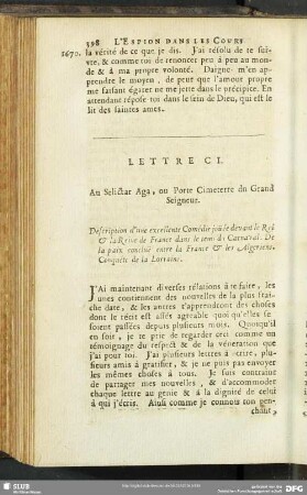 Lettre CI. An Selictar Aga , ou Porte Cimeterre dn Grand Seigneur