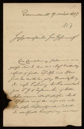 117: Brief von Gustav Dittmar an Gottlieb Planck, Darmstadt, 27.3.1897
