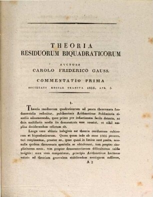 Theoria residuorum biquadraticorum, Commentatio prima, 1823 - 1827
