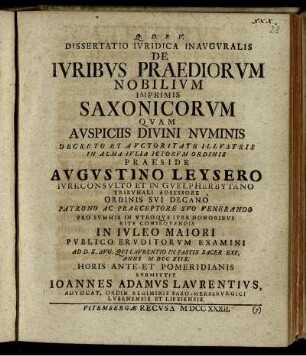 Dissertatio Iuridica Inauguralis De Iuribus Praediorum Nobilium Imprimis Saxonicorum