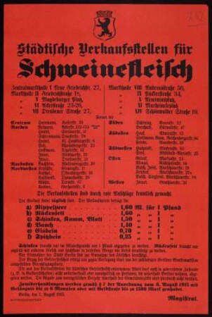 "Städtische Verkaufsstellen für Schweinefleisch" in Berlin, folgt: Verkaufsstellen, Verkaufspreise
