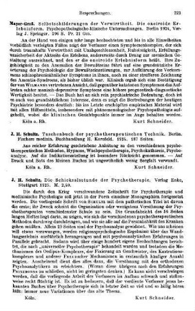 223, J. H. Schultz. Die Schicksalsstunde der Psychotherapie. 1925