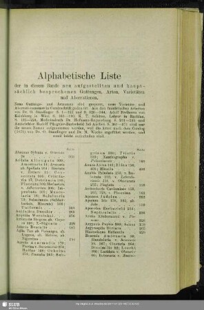 Alphabetische Liste der in diesem Bande neu aufgestellten und hauptsächlich besprochenen Gattungen, Arten, Varietäten und Aberrationen