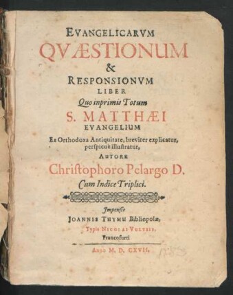 Evangelicarum Quaestionum & Responsionum Liber : Quo inprimis Totum S. Matthaei Evangelium ex Orthodoxa Antiquitate, breviter explicatur, perspicue illustratur