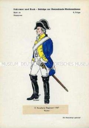 Uniformdarstellung, Gemeiner des 3. Kavallerie-Regiments, Kurfürstentum Hannover, 1787.