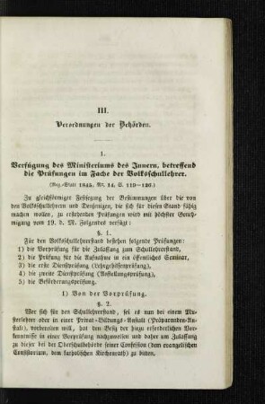 Verfügung des Ministers des Innern, betreffend die Prüfungen im Fache der Volksschullehrer