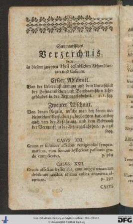 Summarisches Verzeichnis derer in diesem zweyten Theil befindlichen Abhandlungen und Casuum.