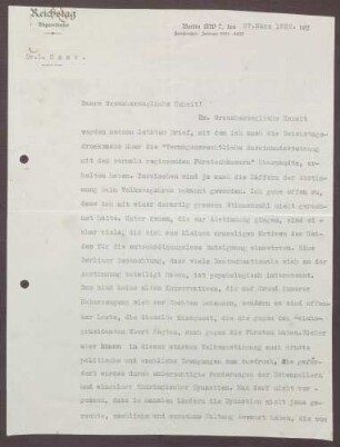 Schreiben von Ludwig Haas an Prinz Max von Baden; Gedanken zur Fürstenabfindung und der erfolgten Volksabstimmung dazu
