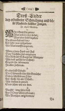 Trost-Lieder bey erduldeter Schmähung und böser Nachrede falscher Zungen.