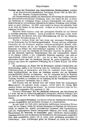 729-731, Vorträge über den Vorentwurf zum österreichischen Strafgesetzbuch. 1911