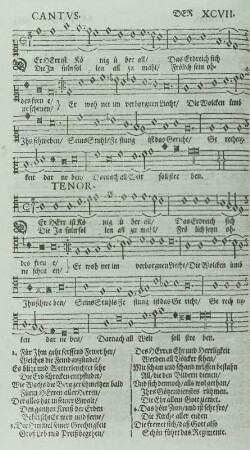 Schütz, Heinrich: Die Psalmen Davids : Schütz, Heinrich: Die Psalmen Davids, sogenannter Becker-Psalter, in der erweiterten und revidierten Zweitfassung. Gewidmet Johann Georg II., Kurfürst von Sachsen. SWV 97-256. Notenseite Cantus und Tenor, 97. Psalm (SWV 195). Dresden: Gottfried Seyffert, 1661. Holzschnitt, Buchdruck; ca. 32,4 x 19,7 cm. Dresden: SLUB Mus.1479-E-5