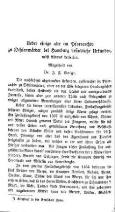 Ueber einige alte im Pfarrarchiv zu Ochsenwärder bei Hamburg befindliche Urkunden, nebst Abdruck derselben.