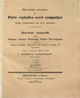 Observationes anatomicae de parte cephalica nervi sympathici, eiusque coniunctionibus cum nervis cerebralibus : diss. inaug. ; cum tabulis lithographis