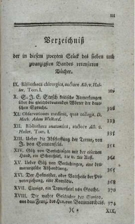 Verzeichniß der in diesem zweyten Stück des sieben und zwanzigsten Bandes recensirten Bücher.
