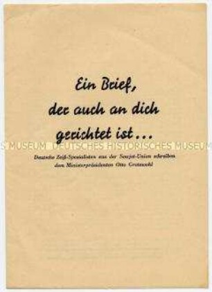 Sonderdruck des Briefes des Antifaschistischen Arbeitskreises deutscher Spezialisten aus der UdSSR an Grotewohl, anlässlich der Volkskammerwahlen