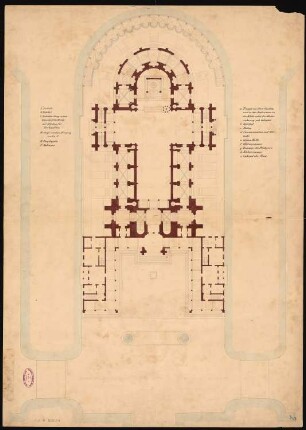 Romanische (evangelische) Kirche mit 2000 Sitzplätzen am Humboldthafen, Berlin Schinkelwettbewerb 1856: Lageplan mit Grundriss Erdgeschoss der Kirche und der beiden Pfarrhäuser; Maßstabsleiste
