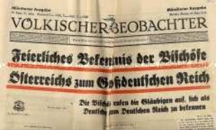 Tageszeitung "Völkischer Beobachter" zur Rede Hitlers nach dem Einmarsch der Wehrmacht in Österreich