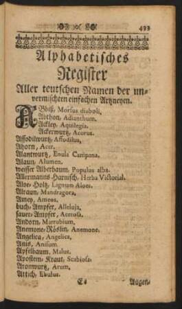 Alphabetisches Register Aller teutschen Namen der unvermischten einfachen Artzneyen.